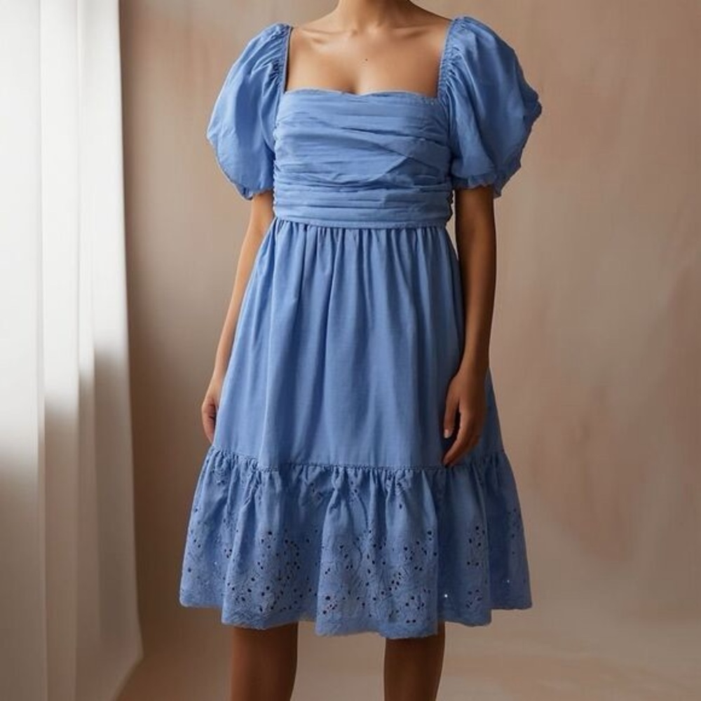 En Saison Dawson Blue Puff Sleeve Open Back Eyelet Lace Dress